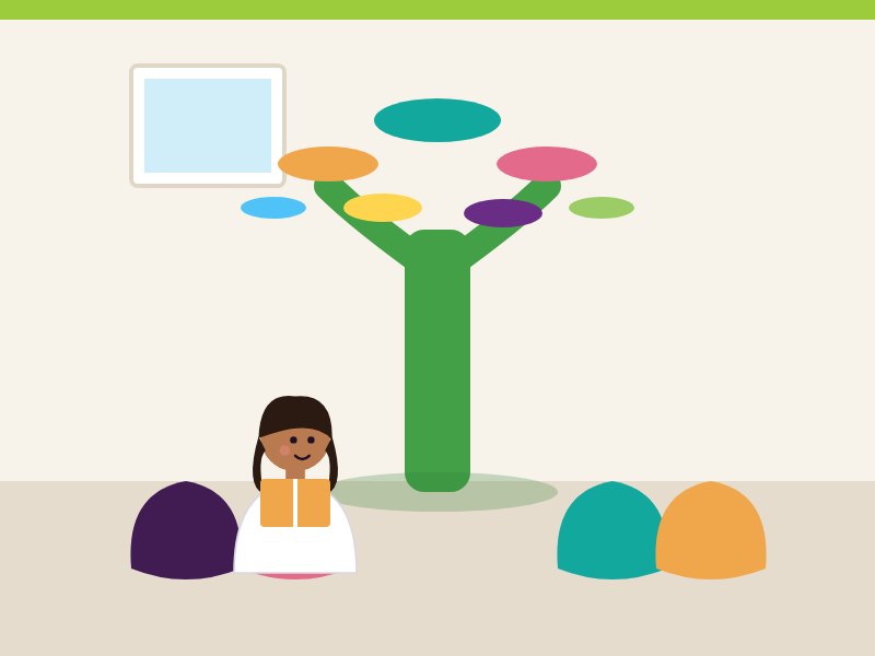 Illustration of a reading corner with a reading tree and bean bags