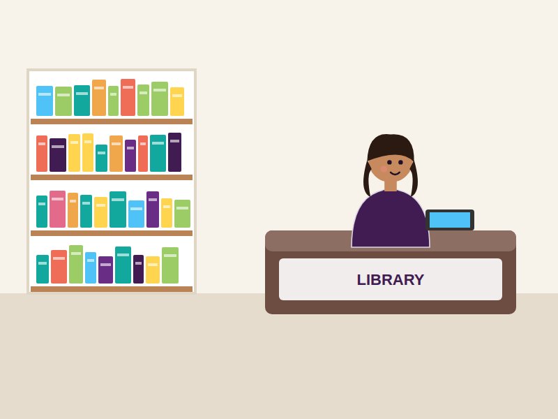 Illustration of the library desk and bookshelf