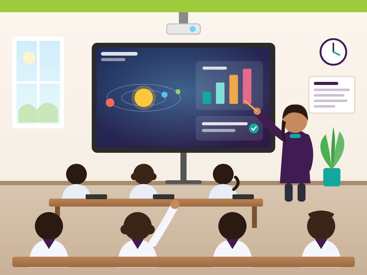 Illustration of a smart classroom with a digital board