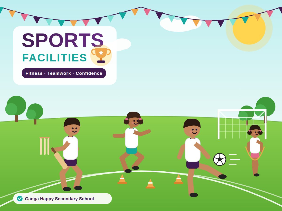 Sports Facilities poster: children playing cricket, running, football and skipping