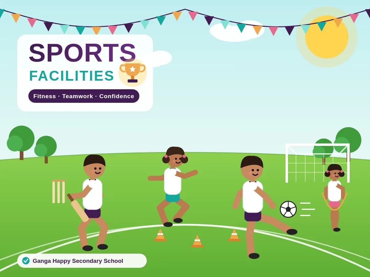 Sports Facilities poster: children playing cricket, running, football and skipping